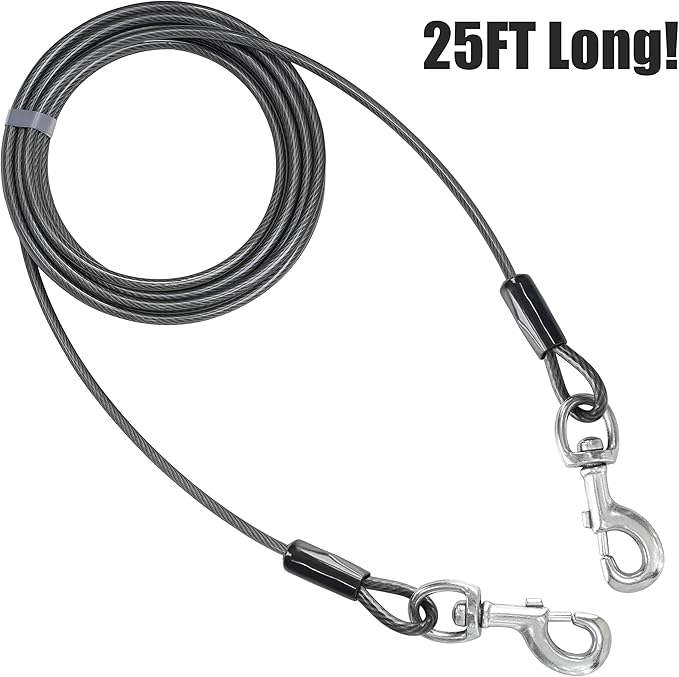 BV Dog Tie Out Cable 25 Feet - Heavy Duty Dog Lead Up to 250 Pounds - Reflective &amp; Rust-Free with Quick Release Swivel Clips &amp; 360° Rotating Clasp - Tangle-Free Dogs Runner for Yard (Grey, Pair)