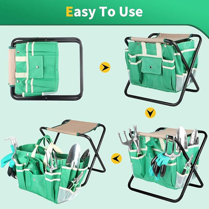 Kitness 9 PCS All-in-one Garden Tools Set Heavy Duty Cast-Aluminium Alloy Gardening Tools Kit with Folding Stool Seat&amp;Detachable Canvas Tool Bag Great Gifts for Gardening