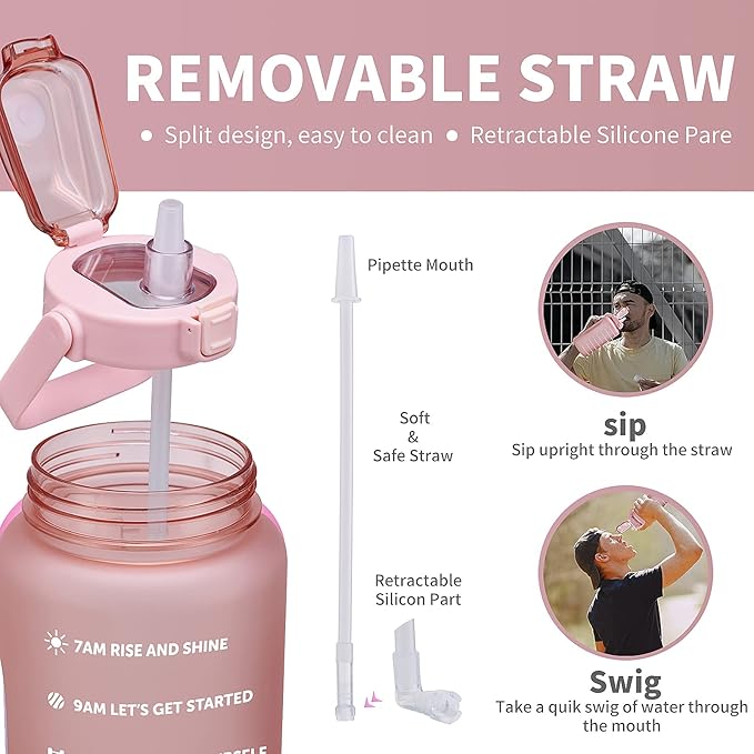 64oz,100oz,128oz Large Motivational Water Bottle with Time Marker, Leakproof &amp; BPA Free Half Gallon Big Water Bottle with Straw Handle Tritan Frosted Water Jug for Gym,Fitness,Outdoor Sports