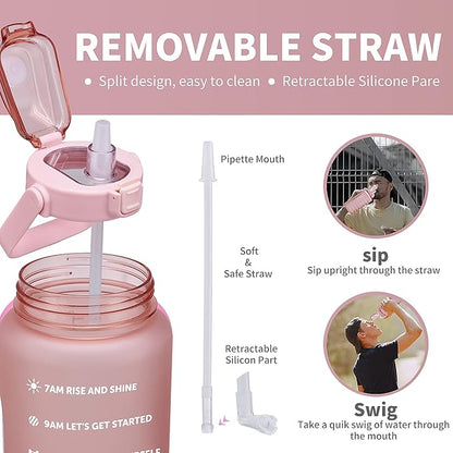 64oz,100oz,128oz Large Motivational Water Bottle with Time Marker, Leakproof &amp; BPA Free Half Gallon Big Water Bottle with Straw Handle Tritan Frosted Water Jug for Gym,Fitness,Outdoor Sports