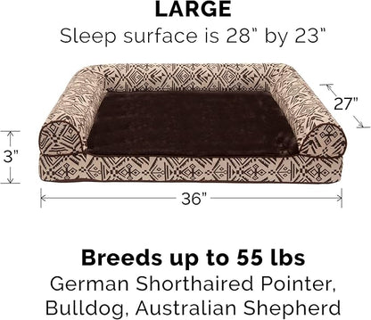 Furhaven Orthopedic Dog Bed for Large/Medium Dogs w/ Removable Bolsters &amp; Washable Cover, For Dogs Up to 55 lbs - Plush &amp; Southwest Kilim Woven Decor Sofa - Desert Brown, Large
