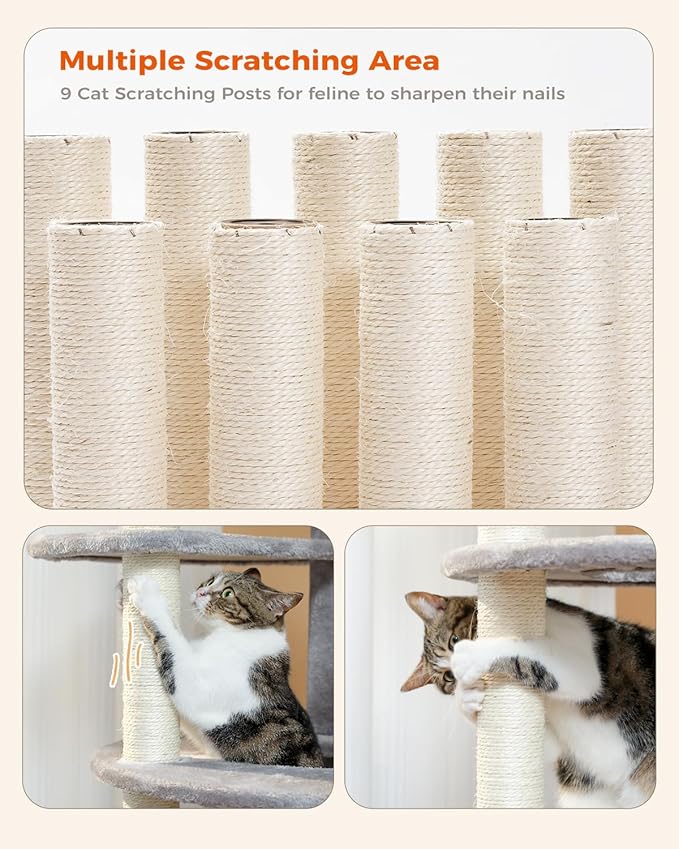 PETEPELA 61" Cat Tree for Indoor Cats, [6-Levels] Cat Climbing Tower with 9 Sisal Scratching Posts and Replaceable Dangling Ball &amp;Top Perch, Grey
