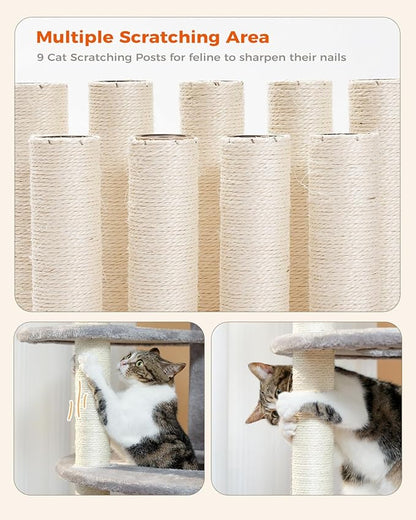 PETEPELA 61" Cat Tree for Indoor Cats, [6-Levels] Cat Climbing Tower with 9 Sisal Scratching Posts and Replaceable Dangling Ball &amp;Top Perch, Grey