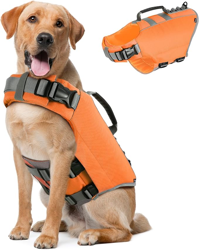 Pawaboo Dog Life Jacket, Reflective Dog Safety Vest Adjustable Pet Life Preserver with Strong Buoyancy &amp; Sturdy Rescue Handle, Ripstop Dog Lifesaver Vests for Swimming, Boating, XL, Orange