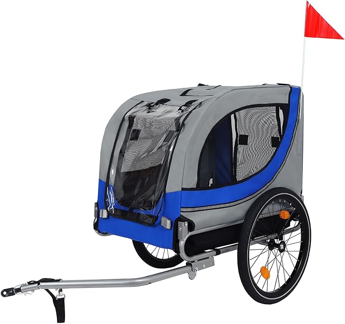 Blue-Grey Large Folding Bike Trailer for Dogs – Heavy-Duty Steel Frame, 66LB Capacity Pet Carrier for All-Terrain Cycling, Jogging &amp; Camping Adventures!