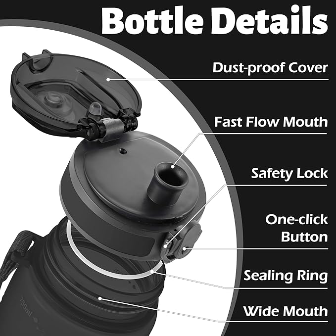 OLDLEY 25 oz Water Bottle, Motivational Water Bottle with Time Marker, Sports Water Bottle With Strap, Leakproof &amp; BPA Free Large Water Bottles for School, Gym, Travel, Outdoor, Tritan,Black