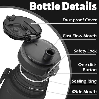 OLDLEY 25 oz Water Bottle, Motivational Water Bottle with Time Marker, Sports Water Bottle With Strap, Leakproof &amp; BPA Free Large Water Bottles for School, Gym, Travel, Outdoor, Tritan,Black
