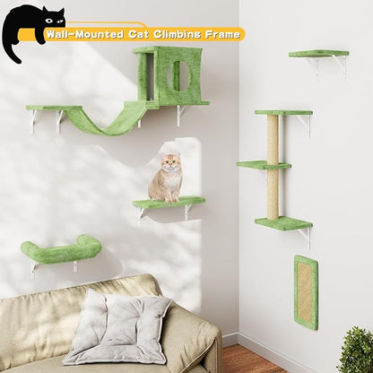 NUNU LAB Wall Mounted Cat Furniture, 6 Pcs Cat Wall Shelves with Condo House, Bridge, Steps, Scratcher, Hammock, Indoor Safe &amp; Stable Furniture for Kittens Play, Green