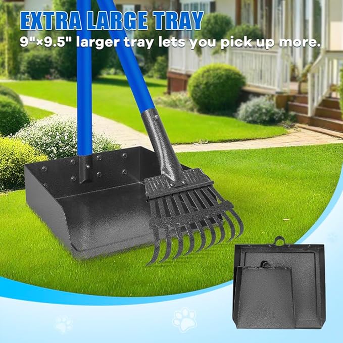 Larger Pooper Scooper Dog Pooper Scooper for Large Medium Small Dogs Heavy Duty Stainless Steel No Bending with Rake &amp; Shovel &amp; Extra Large Tray for Yard
