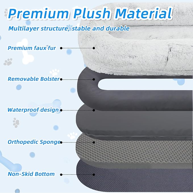 Human Dog Bed - 71"x45"x12" Fits You &amp; Pets, Washable Faux Fur, Orthopedic, Plump Pillow, Blanket, Strap - Grey