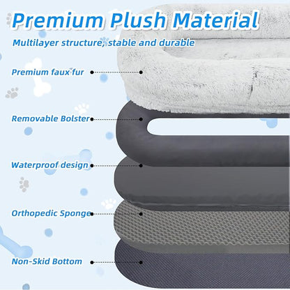 Human Dog Bed - 71"x45"x12" Fits You &amp; Pets, Washable Faux Fur, Orthopedic, Plump Pillow, Blanket, Strap - Grey