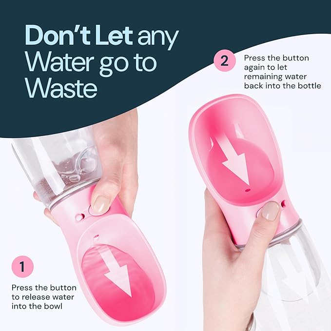 MalsiPree Dog Water Bowl Dispenser - 12 Oz, Pink - Portable Dog Water Bottle &amp; Travel Pet Bowl - Leak Proof