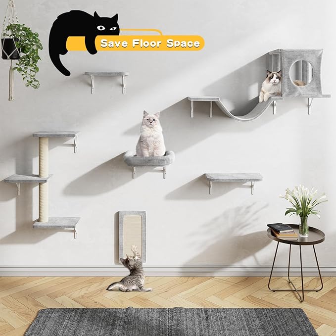 NUNU LAB Wall Mounted Cat Furniture, 6 Pcs Cat Wall Shelves with Condo House, Bridge, Steps, Scratcher, Hammock, Indoor Safe &amp; Stable Furniture for Kittens Play, Gray