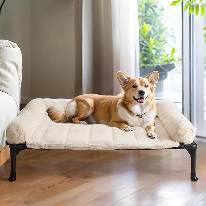 Veehoo Cooling Elevated Dog Bed + Removable Fluffy Pillow-Top Mat, Plush Dog Bed with Bolster, Breathable Mesh, No-Slip Feet, Portable Raised Dog Bed for Indoor &amp; Outdoor, 32"x25", Medium, CWC2331E