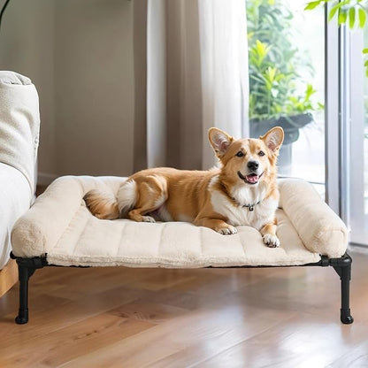 Veehoo Cooling Elevated Dog Bed + Removable Fluffy Pillow-Top Mat, Plush Dog Bed with Bolster, Breathable Mesh, No-Slip Feet, Portable Raised Dog Bed for Indoor &amp; Outdoor, 32"x25", Medium, CWC2331E