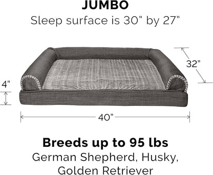Furhaven Orthopedic Dog Bed for Large Dogs w/ Removable Bolsters &amp; Washable Cover, For Dogs Up to 95 lbs - Luxe Faux Fur &amp; Performance Linen Sofa - Charcoal, Jumbo/XL