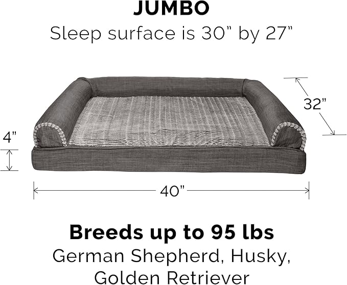 Furhaven Cooling Gel Dog Bed for Large Dogs w/ Removable Bolsters &amp; Washable Cover, For Dogs Up to 95 lbs - Luxe Faux Fur &amp; Performance Linen Sofa - Charcoal, Jumbo/XL
