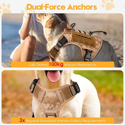 Heavy-Duty Tactical Dog Harness for Large Dogs, No Pull Adjustable Reflective Pet Vest with Molle System, K9 Military-Grade Control for Service Training, Outdoor &amp; 10+ Breeds, Khaki Camo, Large
