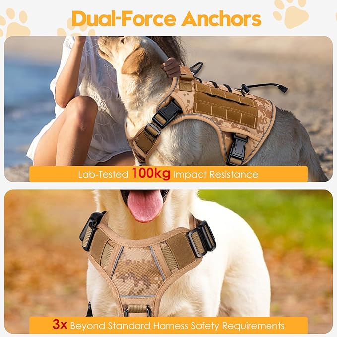Heavy-Duty Tactical Dog Harness for Large Dogs, No Pull Adjustable Reflective Pet Vest with Molle System, K9 Military-Grade Control for Service Training, Outdoor &amp; 10+ Breeds, Khaki Camo, X-Large