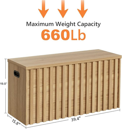 UEV Storage Bench,39.4" Wood Box, Storage Trunk with 2 Safety Hinges, Ottoman Storage Chest, Fluted Storage Bench for Bedroom, Entryway, Living Room(Natural Wood)