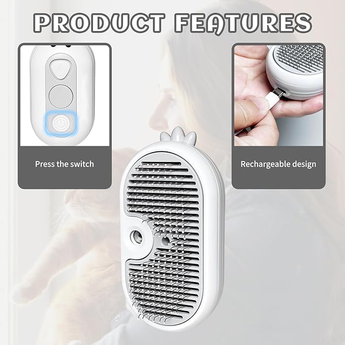 3-in-1 Rechargeable Steam Brush for Cats &amp; Dogs - Anti-Static Spray Pet Grooming Brush with Warm Mist Massage, Hair Shedding Control, Detangling Comb &amp; Cleaning Tool for Effective Deshedding