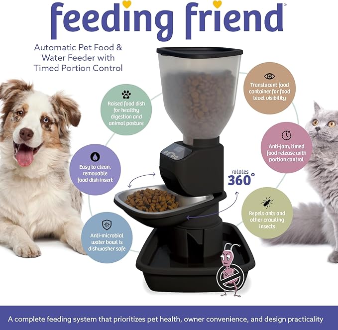 Automatic Dog &amp; Cat Food Feeder with Water Dispenser – Smart Pet Feeder with Portion Control, OLED Display, Anti Jam Design, Battery Operated Dispenser for Medium/Large Pets - Black