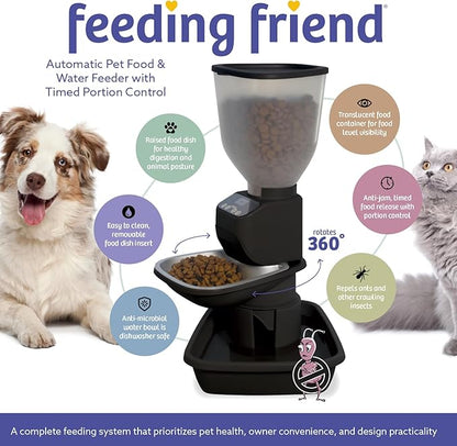Automatic Dog &amp; Cat Food Feeder with Water Dispenser – Smart Pet Feeder with Portion Control, OLED Display, Anti Jam Design, Battery Operated Dispenser for Medium/Large Pets - Black