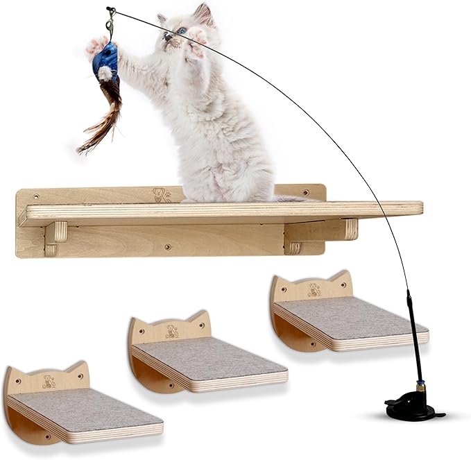 Snuggle &amp; Play Cat Wall Shelves with Suction Cup Wand – 3 Mounted Steps, Climbing Wall Shelves and Furniture with Cat Wand
