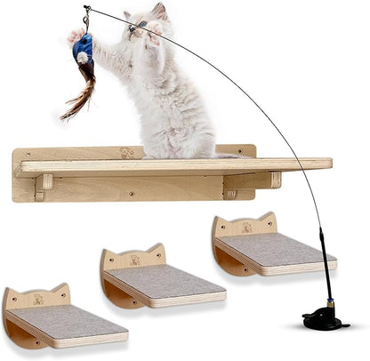 Snuggle &amp; Play Cat Wall Shelves with Suction Cup Wand – 3 Mounted Steps, Climbing Wall Shelves and Furniture with Cat Wand