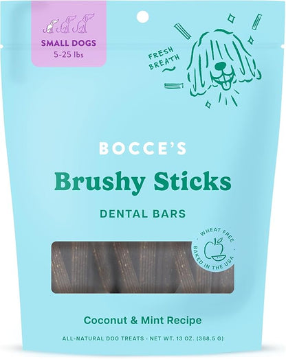 Bocce’s Bakery Dailies Brushy Sticks to Support Oral Health &amp; Fresh Breath, Wheat-Free Dental Bars for Dogs, Made with Real Ingredients, Baked in the USA, All-Natural Coconut &amp; Mint Recipe, Small Dogs