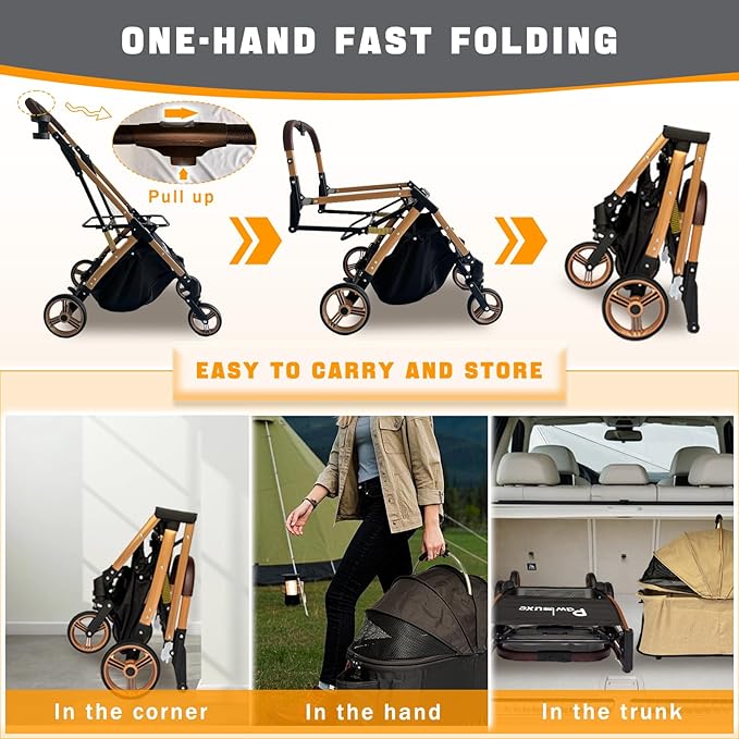 Pet Stroller for Small &amp; Medium Dogs Cats up to 55 lbs 4-in-1 Foldable Travel Pet Stroller with Detachable Carrier Lightweight All-Terrain Spring Damping,Car Seat,Sun Canopy,Khaki