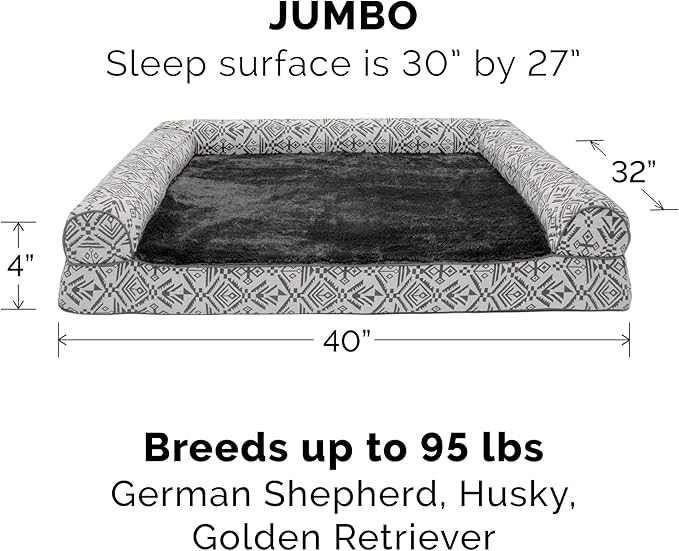 Furhaven Orthopedic Dog Bed for Large Dogs w/ Removable Bolsters &amp; Washable Cover, For Dogs Up to 95 lbs - Plush &amp; Southwest Kilim Woven Decor Sofa - Boulder Gray, Jumbo/XL