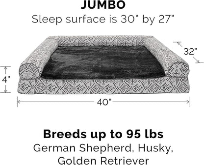 Furhaven Orthopedic Dog Bed for Large Dogs w/ Removable Bolsters &amp; Washable Cover, For Dogs Up to 95 lbs - Plush &amp; Southwest Kilim Woven Decor Sofa - Boulder Gray, Jumbo/XL