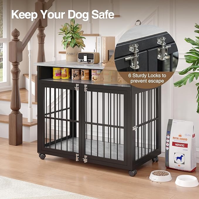 39.4" Dog Crate Furniture for Medium and Large Breed, Dog Kennel Furniture with Storage Shelf &amp; Lockable Wheels, Heavy Duty Wooden End Side Table Pet Cage Indoor, Chew-Resistant, Grey
