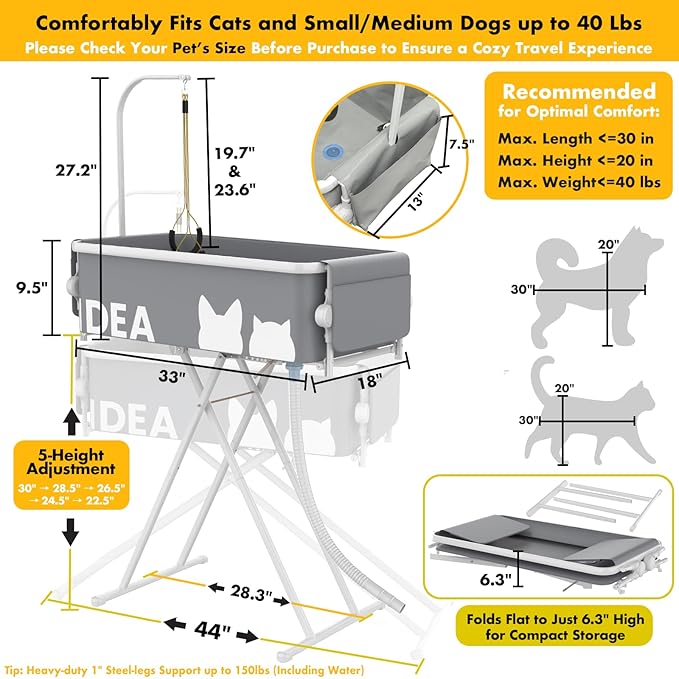 PAWZIDEA 2-in-1 Portable Dog Bathtub &amp; Grooming Table, 33" Foldable Pet Washing Station for Small Medium Dogs Cats, Elevated Tubs for Bathing Shower Indoor Outdoor, 5 Height Adjustable, Storage Pocket