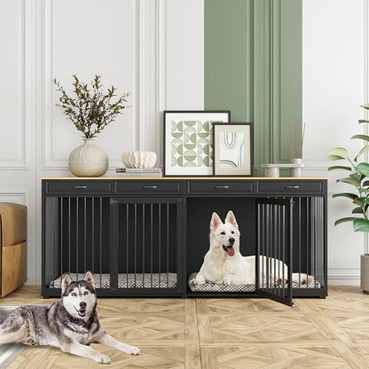 Extra Large Dog Crate with Double Rooms, 93" Heavy Duty Wooden Dog Cage Furniture Dog Crate Kennel w/Drawers &amp; Removable Divider,Indoor Luxury Dog House for Large Dogs,Black