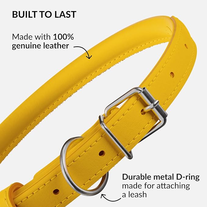 CollarDirect Rolled Leather Dog Collar, Soft Padded Round Puppy Collar, Handmade Genuine Leather Collar Dog Small Large Cat Collars 13 Colors (6-7 Inch, Yellow Smooth)