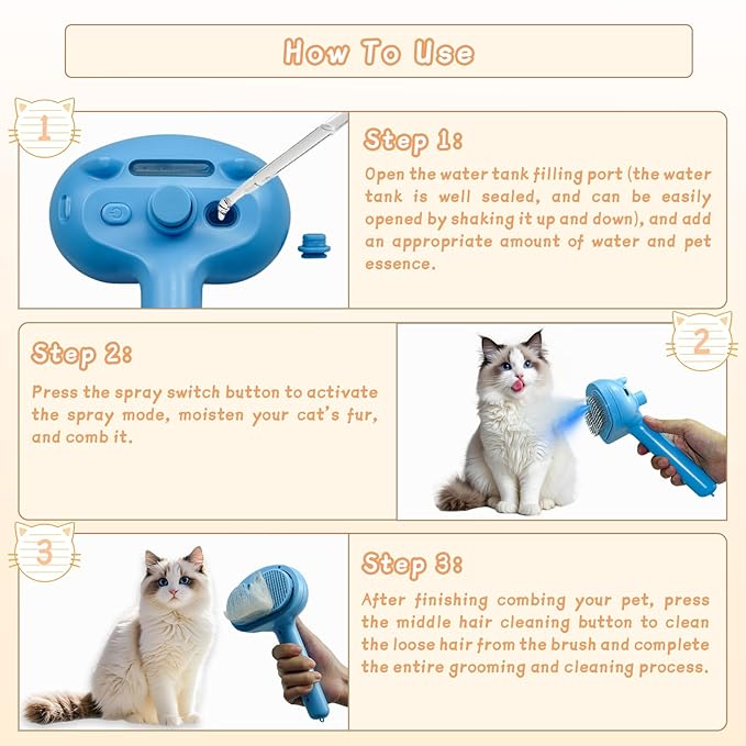 5-in-1 Pet Steam Brush for Cats &amp; Dogs – Grooming, Shedding, Massage &amp; One-Touch Clean for Short &amp; Long Hair Pets – Electric Cat Brush with Comb &amp; Steam (Blue)