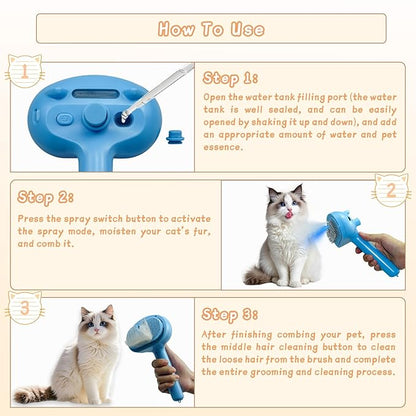 5-in-1 Pet Steam Brush for Cats &amp; Dogs – Grooming, Shedding, Massage &amp; One-Touch Clean for Short &amp; Long Hair Pets – Electric Cat Brush with Comb &amp; Steam (Blue)