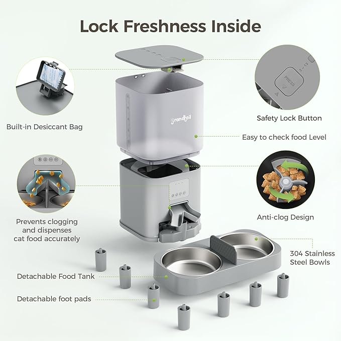 WiFi Automatic Cat Feeder with App - 6L Elevated Smart Food Dispenser for 2 Pets, Programmable 1-10 Meals, 2 Stainless Bowls &amp; Dual Power