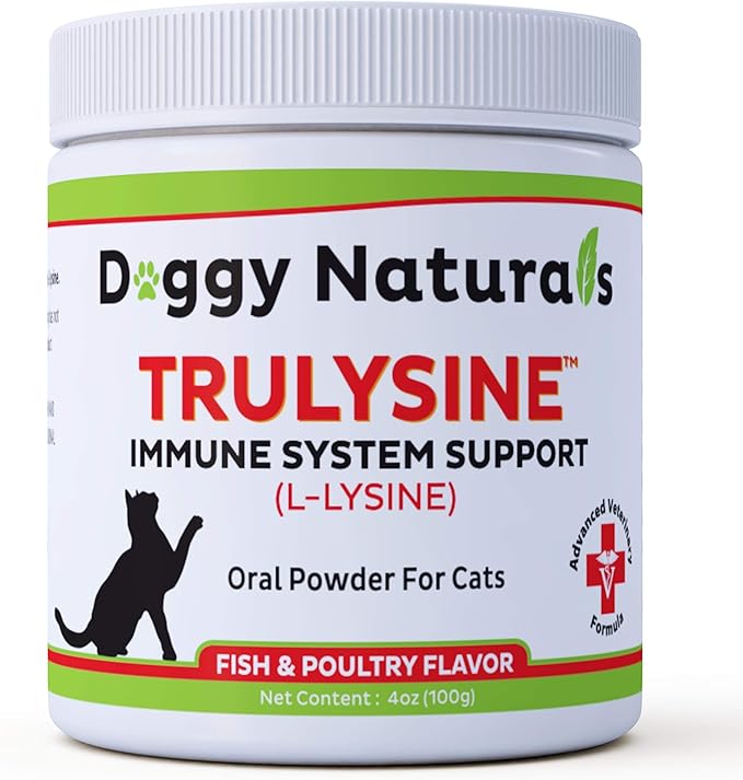 Trulysine L-Lysine for Cats Immune Support Oral Powder 4oz/100g - Cats &amp; Kittens of All Age, Sneezing, Runny Nose Squinting, Watery Eyes - Fish &amp; Poultry Flavor (U.S.A)(100 Grams ( 500mg / Scoop))