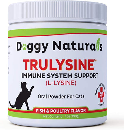 Trulysine L-Lysine for Cats Immune Support Oral Powder 4oz/100g - Cats &amp; Kittens of All Age, Sneezing, Runny Nose Squinting, Watery Eyes - Fish &amp; Poultry Flavor (U.S.A)(100 Grams ( 500mg / Scoop))