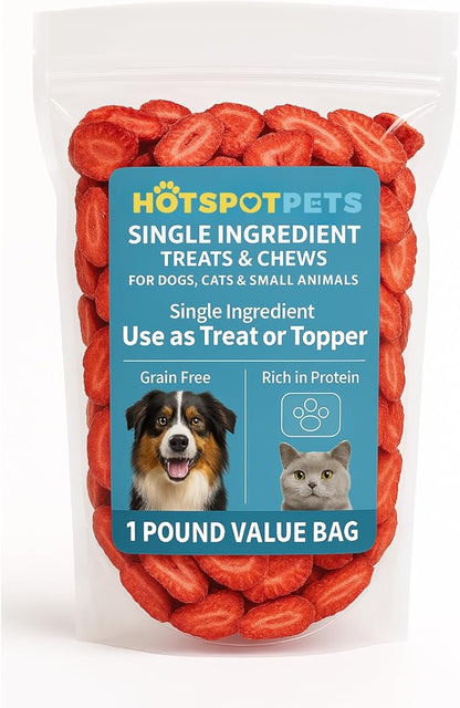 hotspot pets Freeze Dried Strawberry Treats for Small Animals, Cats &amp; Dogs - Reasealable 1lb Big Bag Single Ingredient All Natural- Perfect for Training, Small Reward or Snack