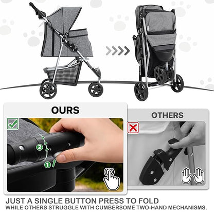 MoNiBloom 3 Wheels Pet Dog Cat Stroller for Small Medium Dogs and Cats, Lightweight Foldable Jogger Stroller w/Storage Basket and Cup Holder, Gray