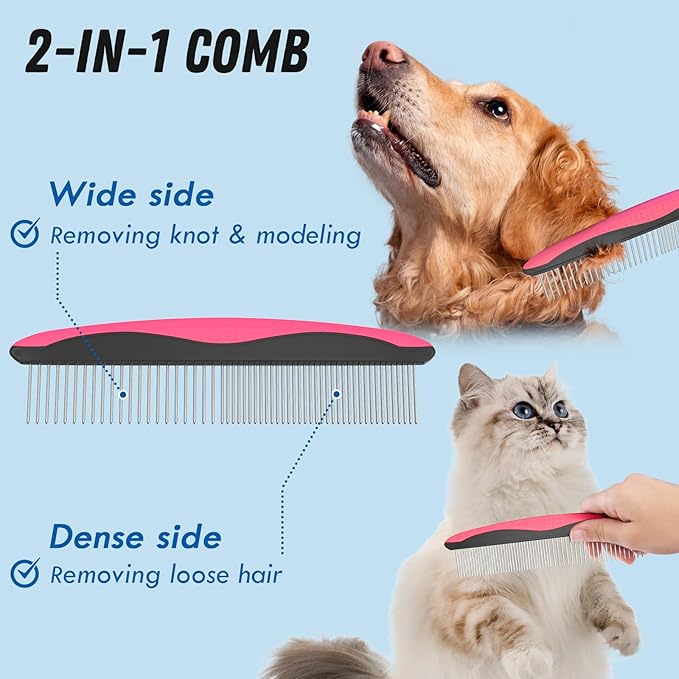 Pet Grooming Brush &amp; Comb Combo, Cat &amp; Dog Brush for Shedding &amp; Dematting, Undercoat Rake for Long-haired Pets, Pink