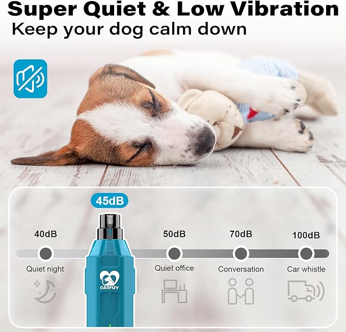 Casfuy 6-Speed Dog Nail Grinder - Newest Enhanced Pet Nail Grinder Super Quiet Rechargeable Electric Dog Nail Trimmer Painless Paws Grooming &amp; Smoothing Tool for Large Medium Small Dogs (Bright Blue)