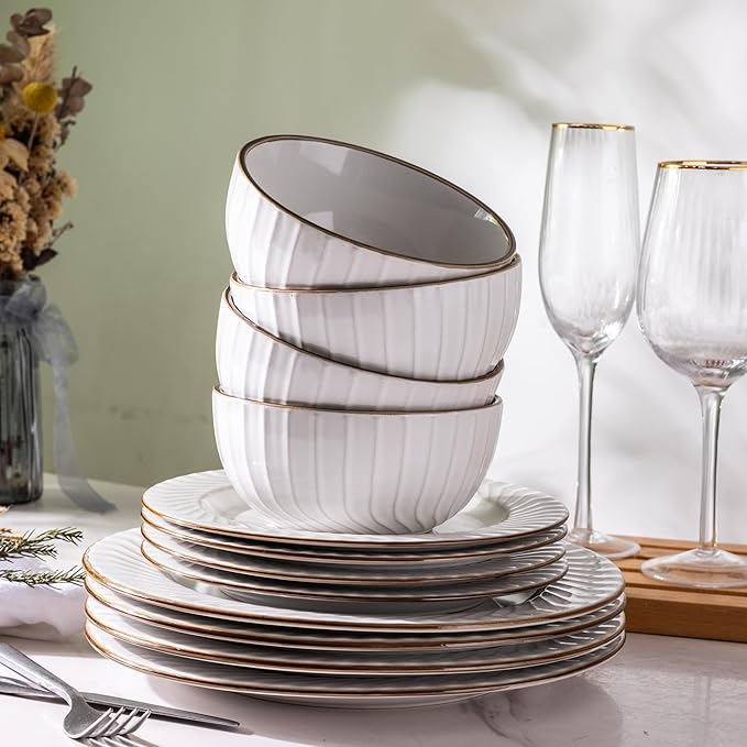 GBHOME Ceramic Dinnerware Sets,12 pcs Embossed Elegant Stoneware Plates and Bowls Sets, Housewarming Wedding Gift | Dishwasher &amp; Microwave Safe | Dishes Set Service for 4