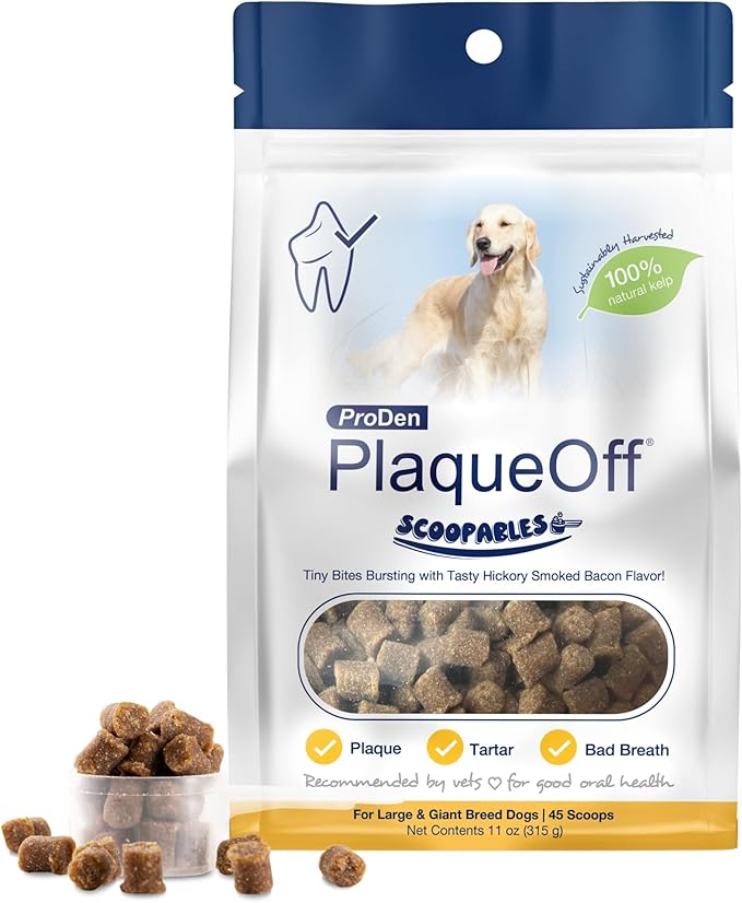 ProDen PlaqueOff Scoopables - Hickory Smoked Bacon Flavor Dental Bites for Large Dogs, Natural Kelp for Plaque &amp; Tartar Control, Freshens Breath -Large &amp; Giant Breed Dental Care- 45 Scoops