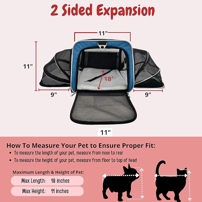 Airline Approved Expandable Premium Pet Carrier on Wheels- Two Sided Expandable Rolling Carrier- Designed for Dogs &amp; Cats- Extra Spacious Soft Lined Carrier! (Blue)