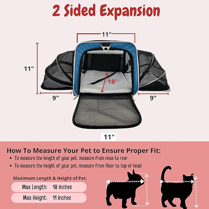 Airline Approved Expandable Premium Pet Carrier on Wheels- Two Sided Expandable Rolling Carrier- Designed for Dogs &amp; Cats- Extra Spacious Soft Lined Carrier! (Blue)